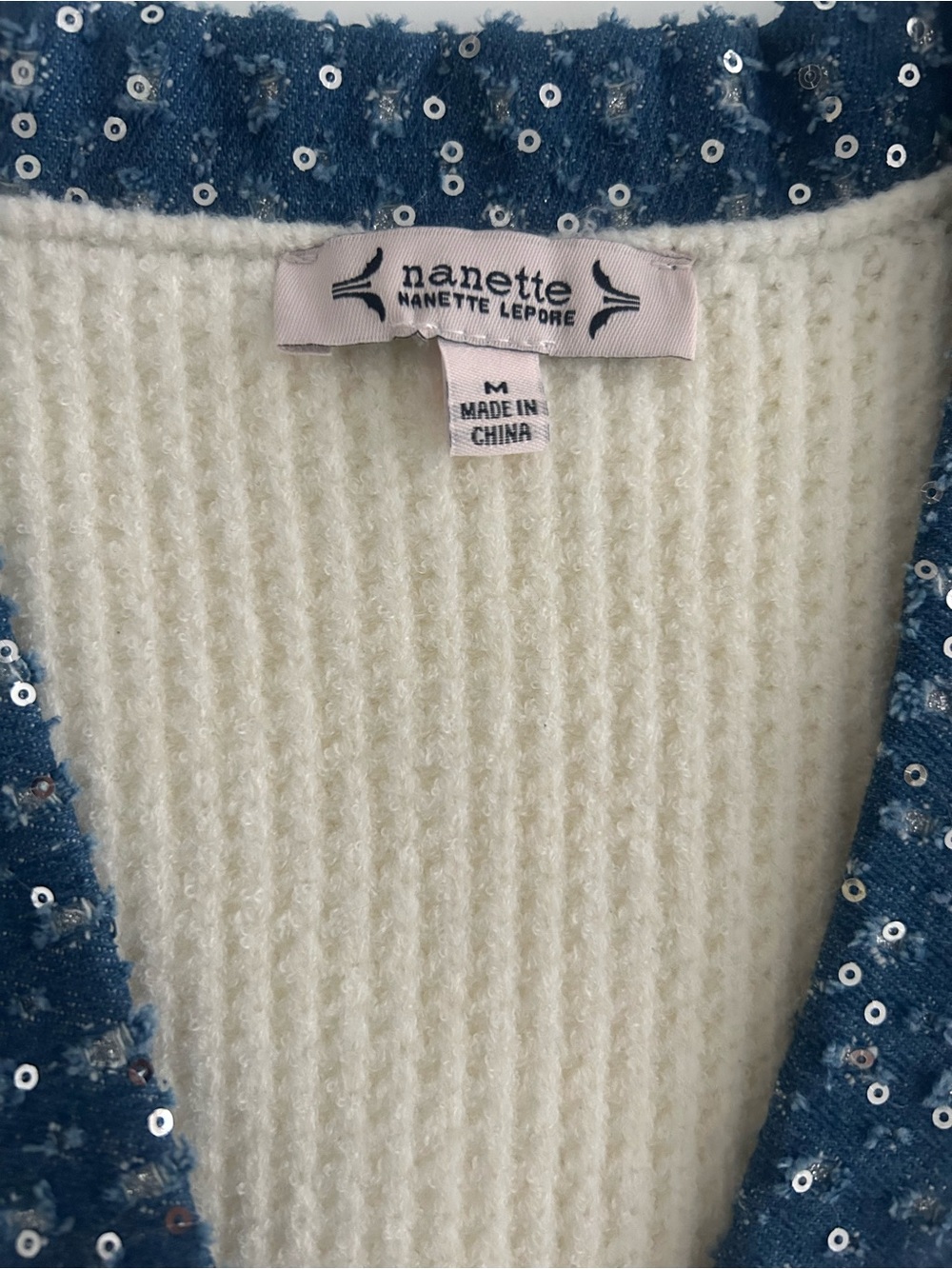 Nanette by Nanette Laporte Cream Waffle Knit Cardigan with Blue Sequin Trim - Picture 6 of 6